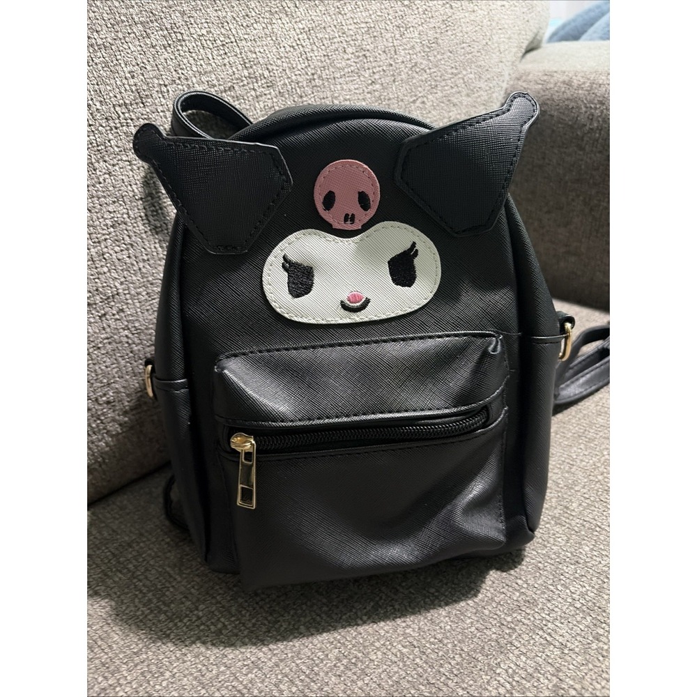 Kuromi Black Faux Leather Backpack with Front Pocket 9"